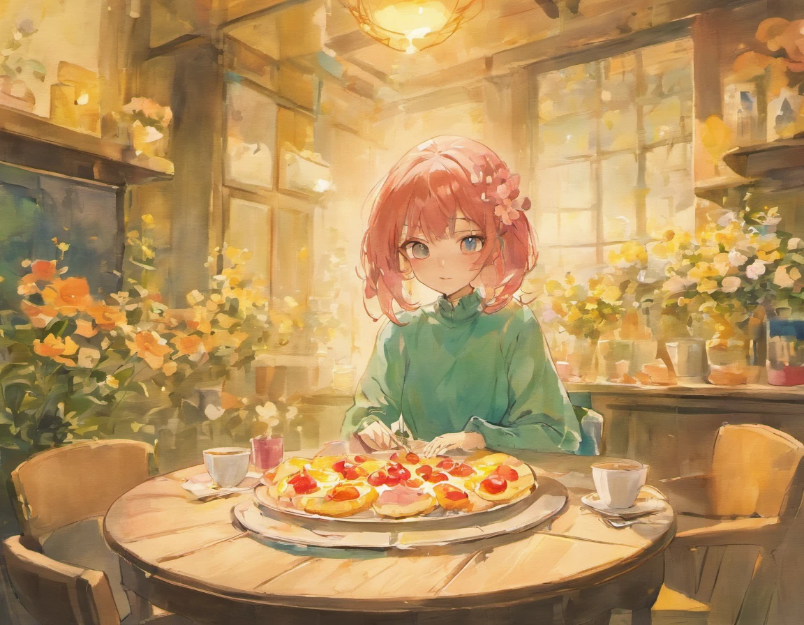 Illustration of a breakfast table with minimalist flowers painted in watercolor