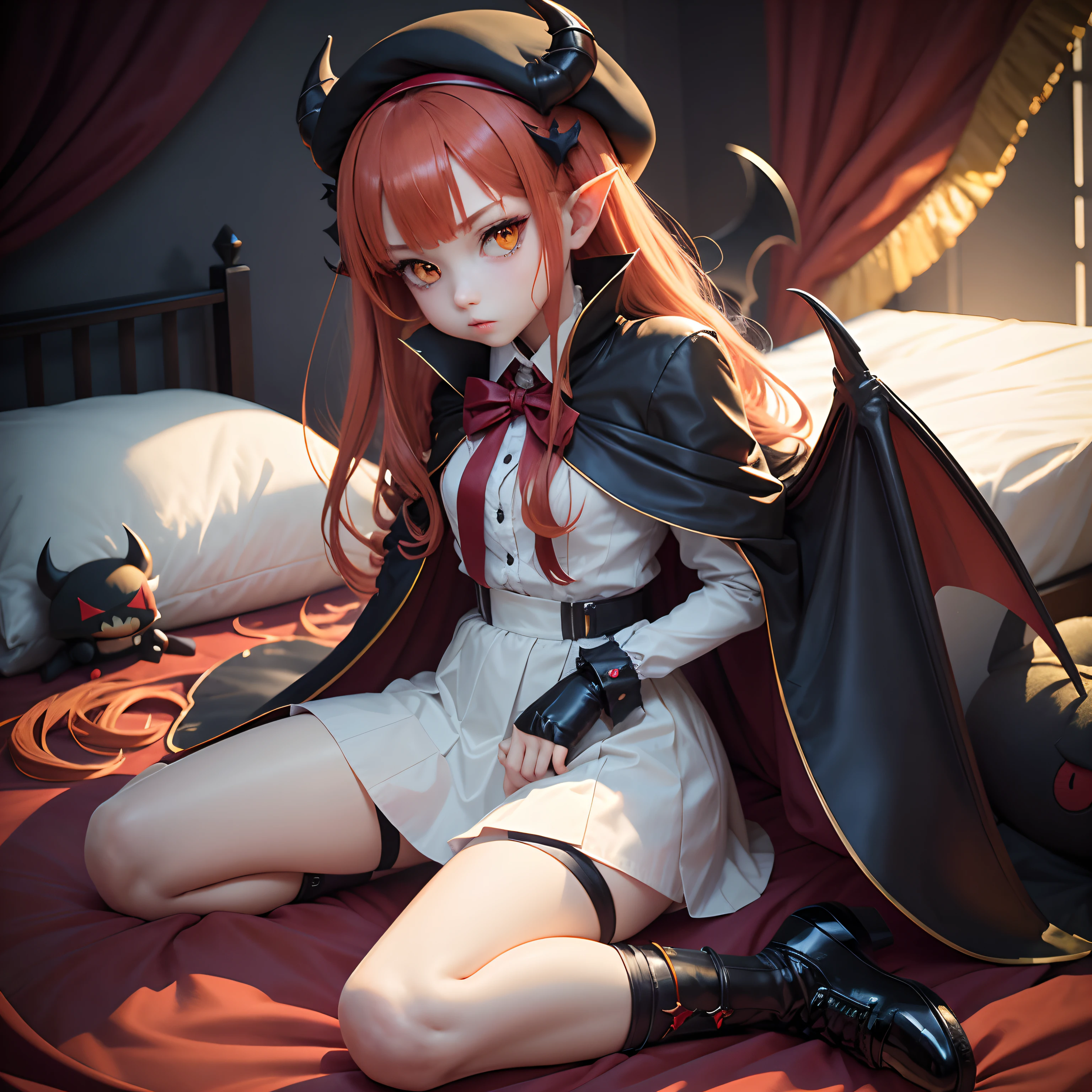 masutepiece, Best Quality, 1girl in, Solo, Yellow eyes, Red hair, Medium chest, Demon Girl, demon tail, Demon Wings, small demonic horns, pointy ear,Twin-tailed, Bat hair ornament, Cape, White shirt, White legwear, stuffed toy, plushies, beret, gloves, Bangs, hat,fullnude,All Nude,