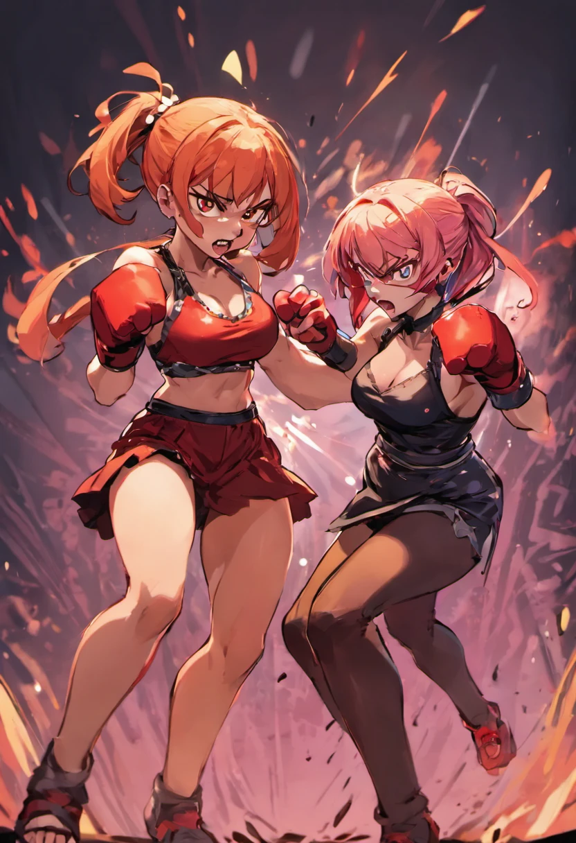2girls,(Fighting stance,Face punch),Face to face,angry,