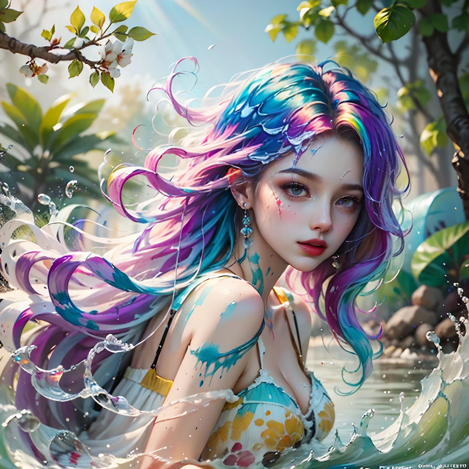 (Level Differences: 1.8),(The phenomenon of paint crashing and splashing on the canvas),(Depth of field),Cute creatures,graceful, Strengths of Bohemian and Modern. Lots of colors and undefined . (Liquid paint rainbow hair:1.1) Made of paint, it defies gravity, Bold flow, (paint splashes: 1.3), Liquid state, beautiful, Masterpiece, detailed background, High-quality models, ethereal background, abstract beauty, Explosive volume, Oil Painting, Heavy brushstrokes, Romantic lighting, Sub-surface scattering, Lens 135mm, F1.8, brightness, 8K, high resolucion, Dreamy, Ray traching, HDR, Divine rays,