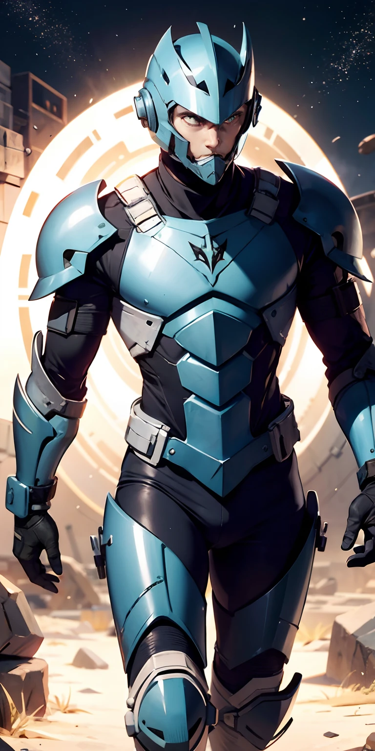 "homem com armadura de silverhawk em uma base espacial", armadura enferrujada:0.9, galaxy, foto profissional:1.3) armadura amarela, desgastada pela batalha, Technological helmet with black visor