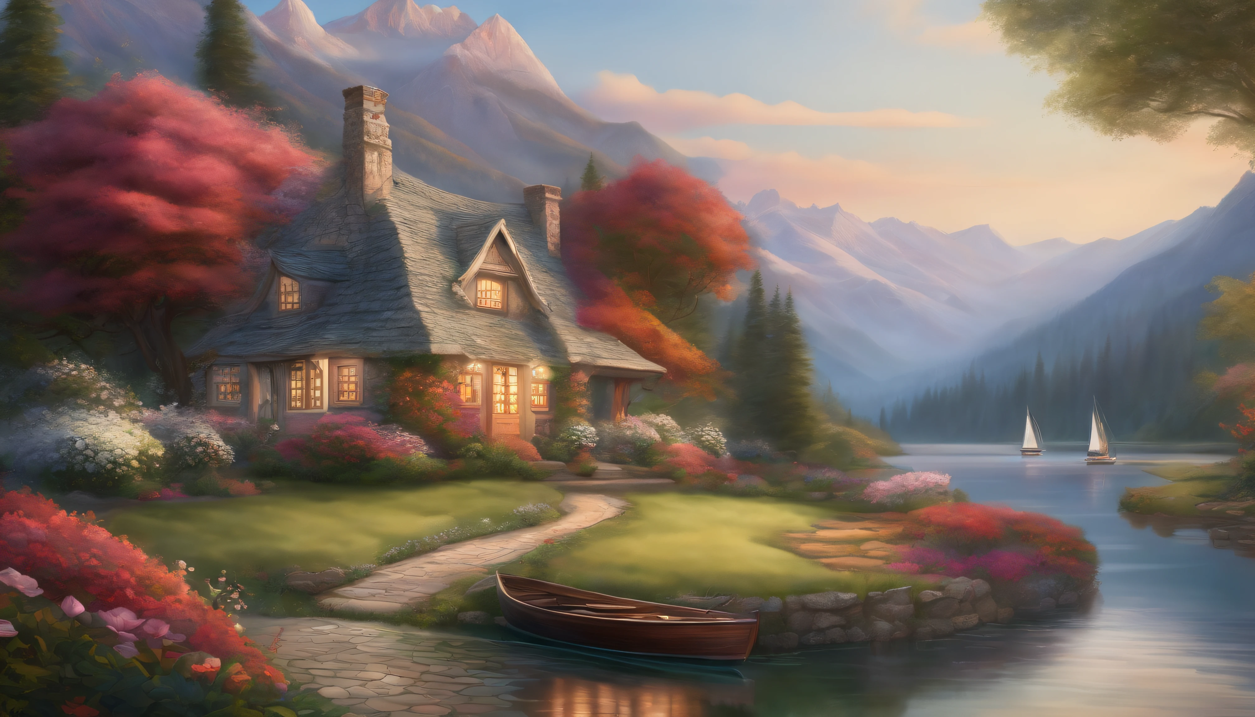 painting of a cottage, flowers beside of fence, fence along the road, mountain landscape with a lake and a boat, illustration matte painting, inspired by Thomas Kinkade, symmetric matte painting, detailed scenery , style raw, 8 k ultra detailed