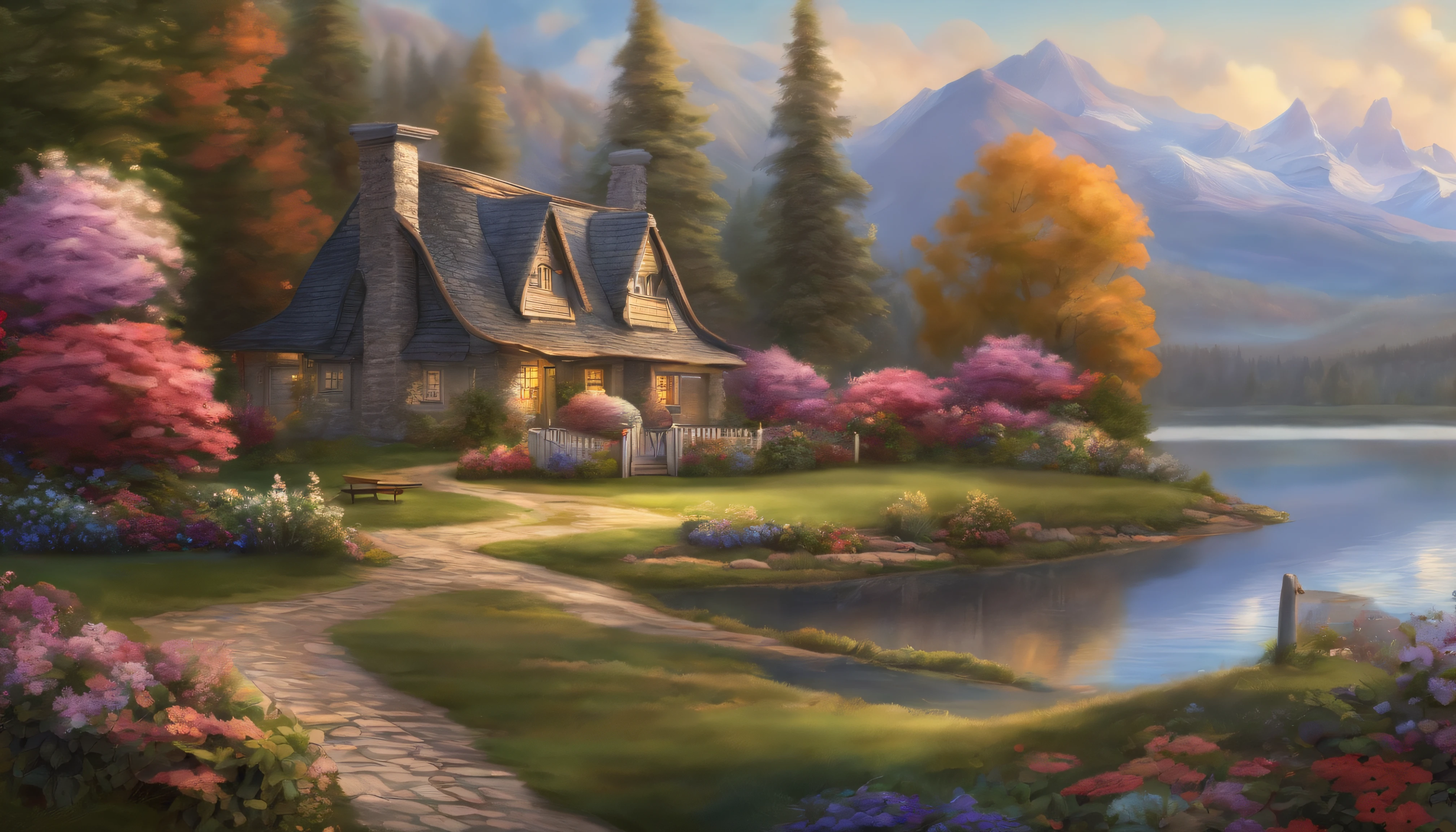 painting of a cottage, flowers beside of fence, fence along the road,  mountain landscape with a lake and a boat, illustration matte painting,  inspired by Thomas Kinkade, symmetric matte painting, detailed scenery , style raw, 8 k ultra detailed
