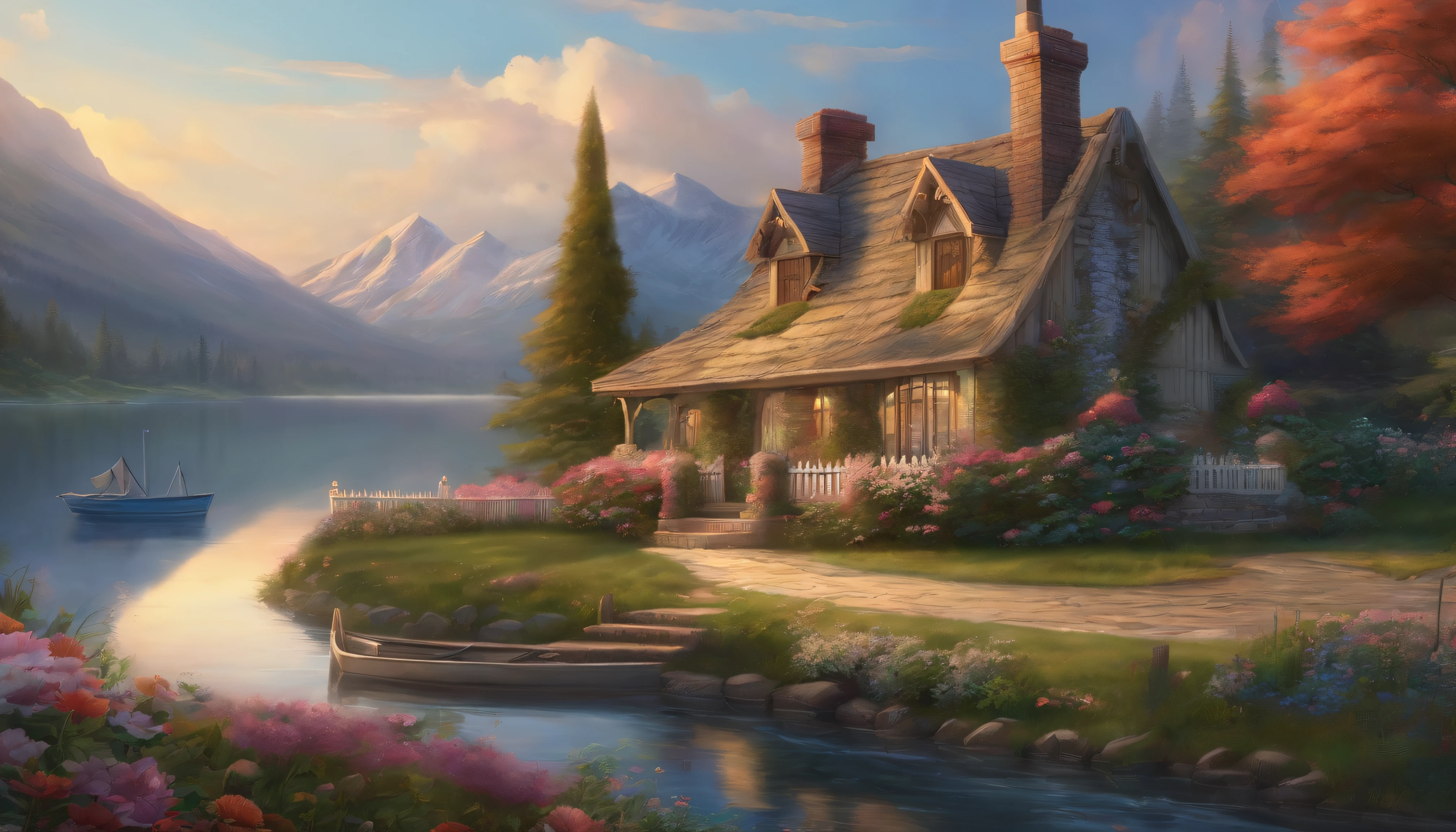 painting of a cottage, flowers beside of fence, fence along the road, mountain landscape with a lake and a boat, illustration matte painting, inspired by Thomas Kinkade, symmetric matte painting, detailed scenery , style raw, 8 k ultra detailed