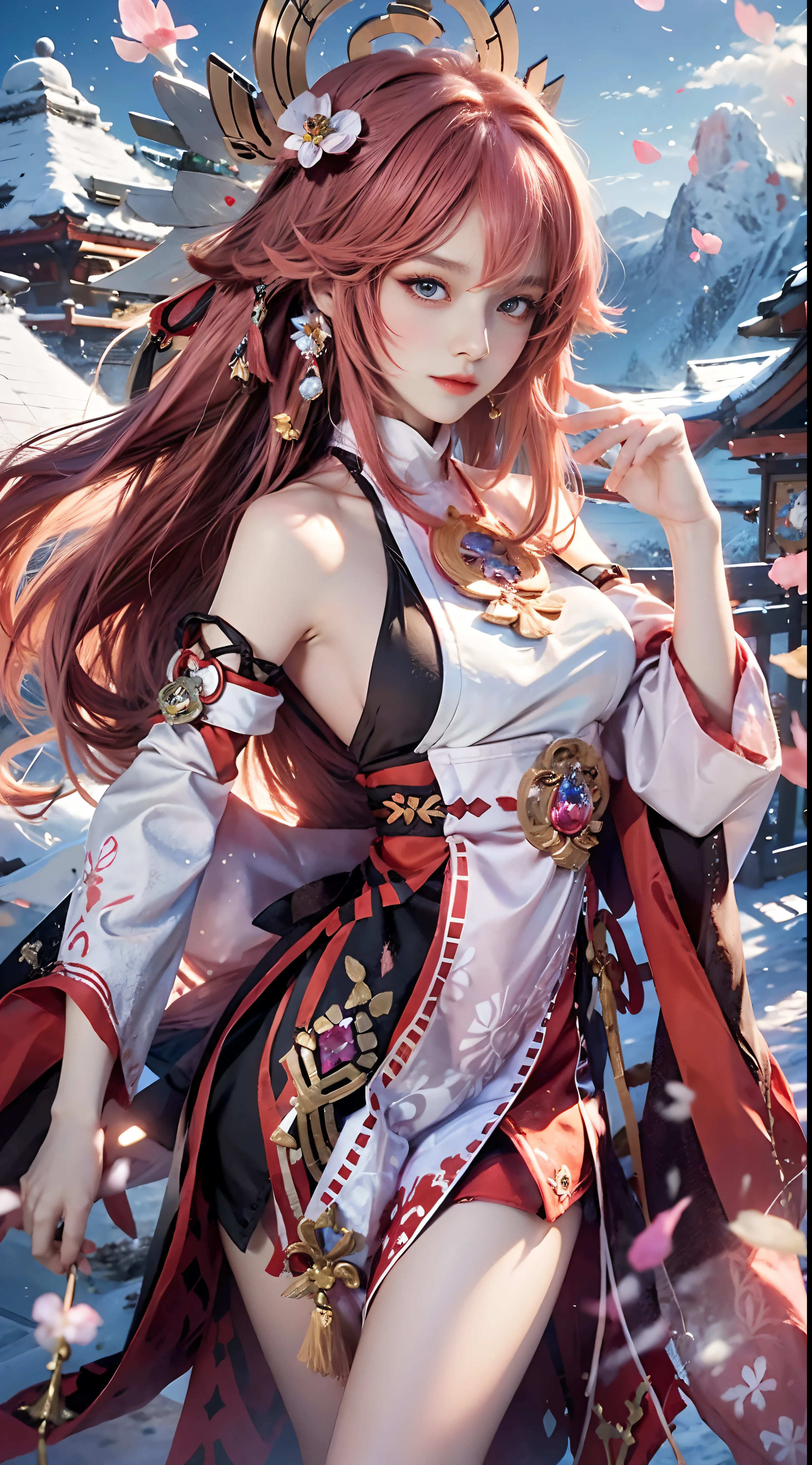 Girl in pink dress posing enchantingly,Keqing from Genshin Impact,Nakari from Genshin Impact,Barbie wears white lace stockings,From Azure Lane video games,Ki no Sakura,Popular on CGstation,ayaka genshin shock,1girll, Feathered feidie_helmet, White furry coat,, Yuki, tmasterpiece, 8K, best qualtiy, black long straight hair, Red furry cape, cloaks,There are birds in the sky,There are butterflies in front,Snowy mountains in the back,The sky is blue,Flowers in hand