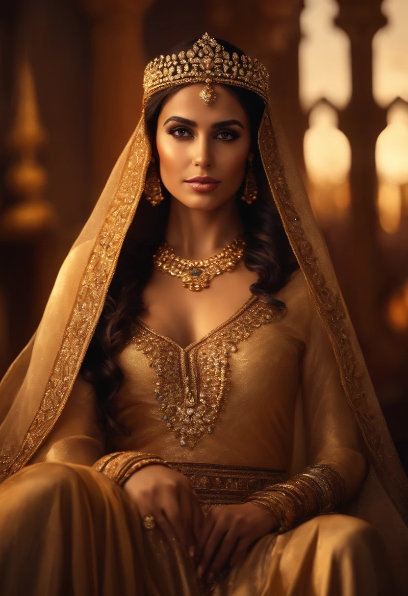 Esther, beautiful Arab woman, elaborate dress, intricate gold jewelry, stunning headdress, graceful posture, confident expression, palace  setting, opulent decorations, Persian king's throne, King Ahasuerus on throne, shimmering silk curtains, candlelit ambiance, soft golden light, dramatic shadows, rich color palette, delicate brushwork, realistic depiction, high-resolution details, photorealistic rendering, vivid colors, oil painting style