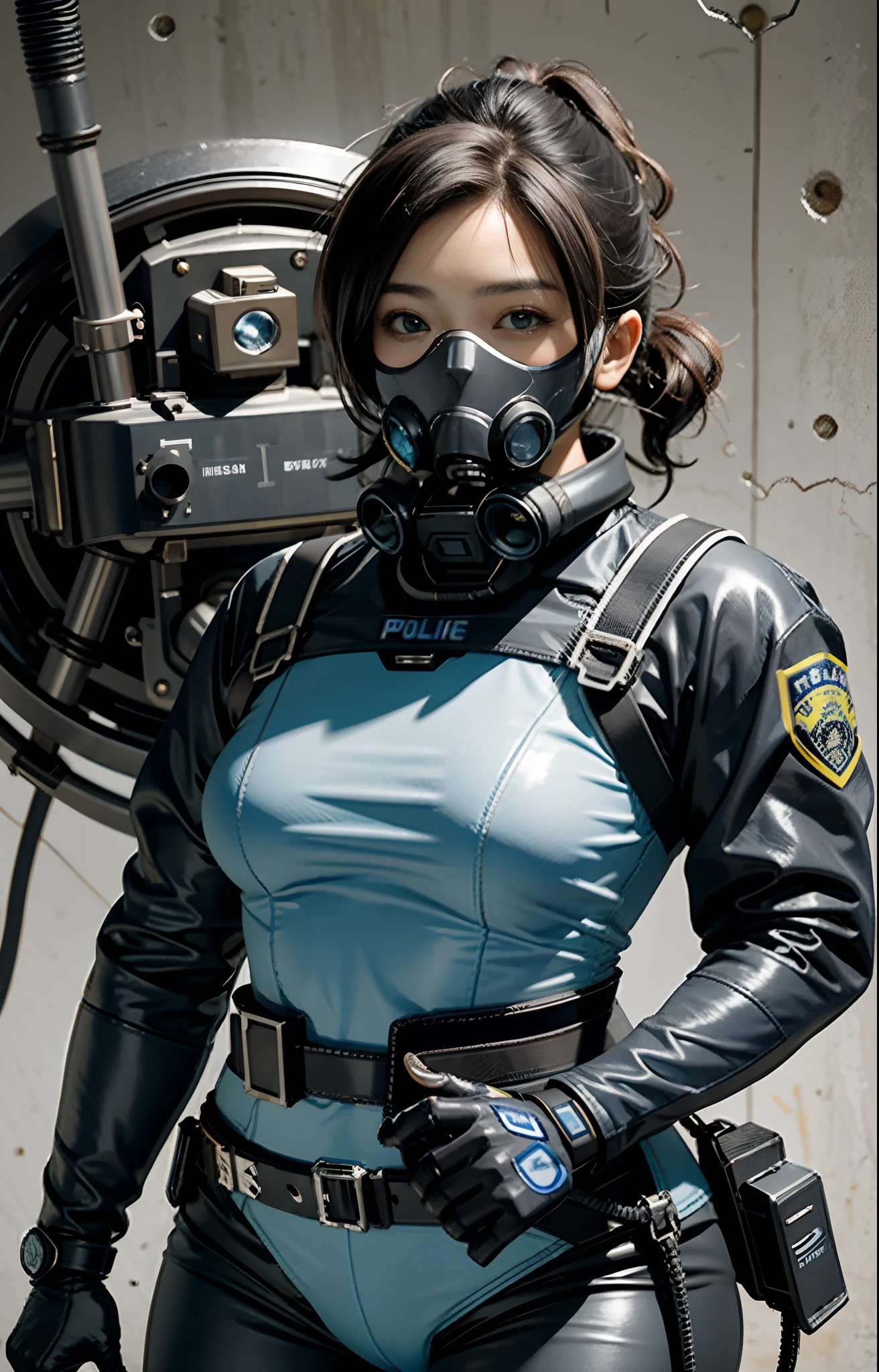 Highest image quality, outstanding details, ultra-high resolution, (realism: 1.4), ((close up:0.75, from front)), Photorealistic, highly condensed 1 lady, full body, aiming with a rifle, Combat pose, (Detailed face), looking at the camera, (a bit chubby:0.45), (cloths color black:0.4 white:0.5 other-color:0.1), (wearing nylon rash-guard as police uniform, gloves, Fingers are occluded, black and gray mecha, wearing futuristic-gasmask, military harness, holding a machinegun, carrying hich-tech-backpack), background greywall,