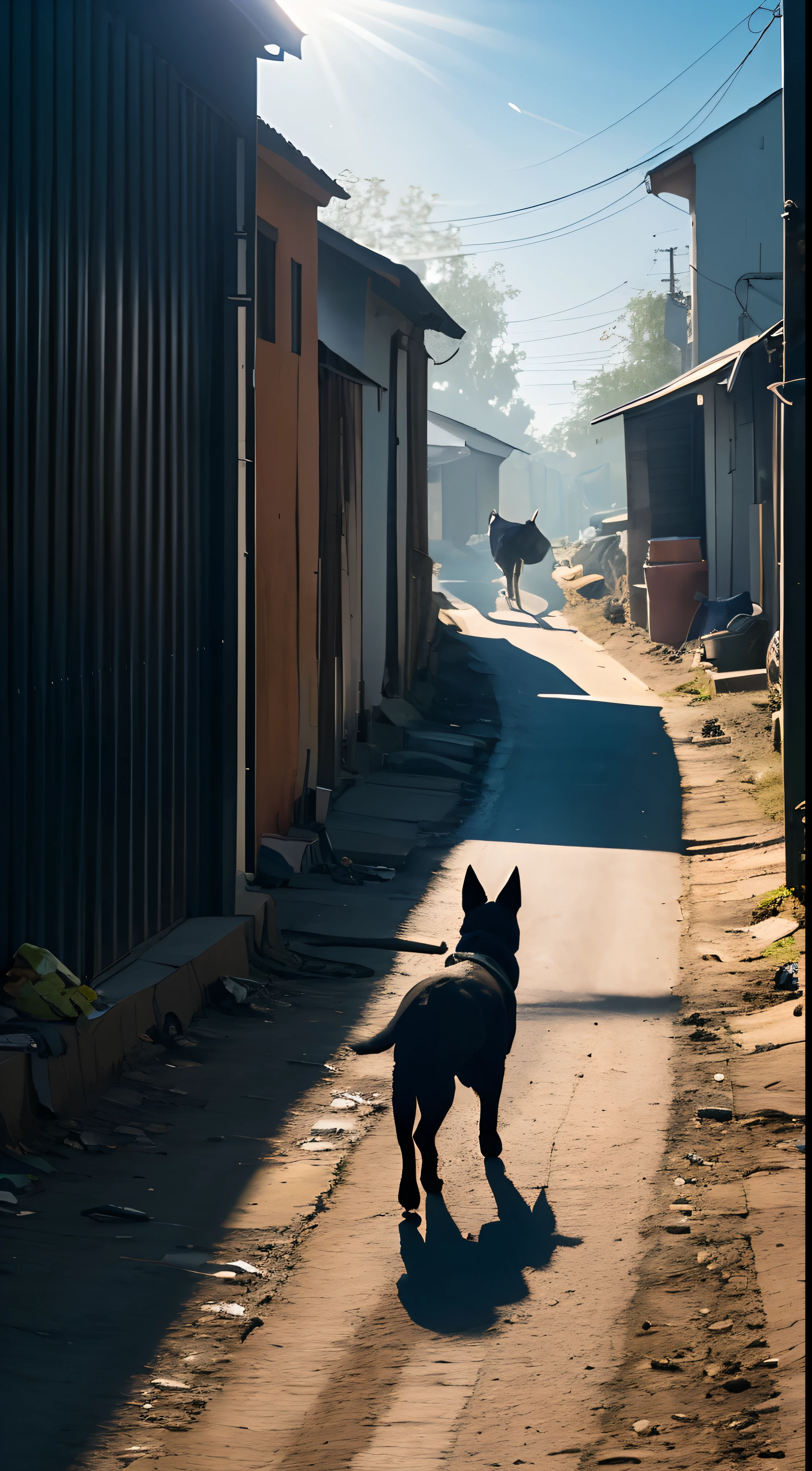 A black dog walking through a lane, sunrays directly hit on his back, we are seeing it going from backside, in the lane there is a open Dustbin, some garbage here & there, narrow lane, White blue sky, some flies on the garbage, dog in the main focus, wallpaper
