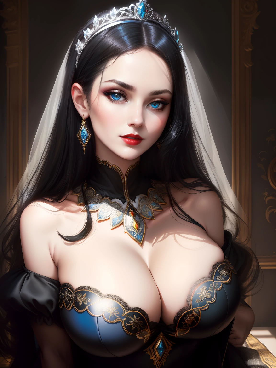 ((old painting portrait face and breast close up)) ((round ornamented frame)) woman beautiful face, big glowing blue eyes, bright red lipstick, dark eyeshadows make up, (long straight black hair), (pale skin), silver neck ornament, silver tiara (huge breast), slim figure, (sexy daring strapless dress), (big cleavage), (transparent black dress), hand playing with hair, (master piece, intrincated details, reflex, photo reslistic, amazing lights and shadows) (8k) perfect eye, perfect face, inside dark room background