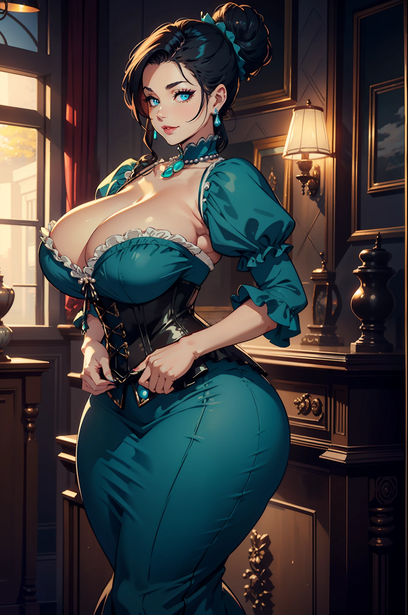 Best quality, solo mature woman, giant breasts, giant ass, very curvy, hair in tight bun with side part, dark cyan eyes, full lips, seductive, smiling, dress with puffy sleeves, corset, diamond earrings, pearl necklace, gothic makeup, thick thighs, curvy physique