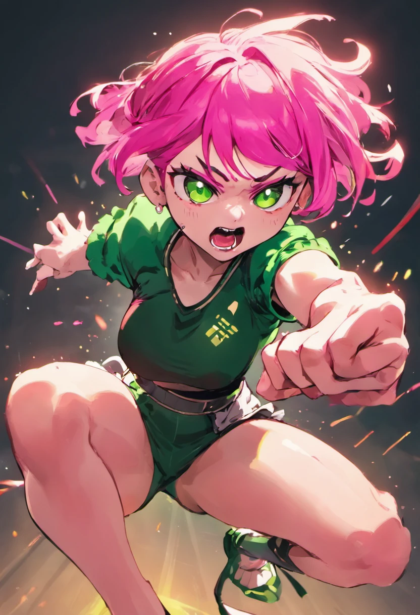 Girl with pink hair、Green Hair Girl,(Fighting stance,Face punch),Face to face,angry,