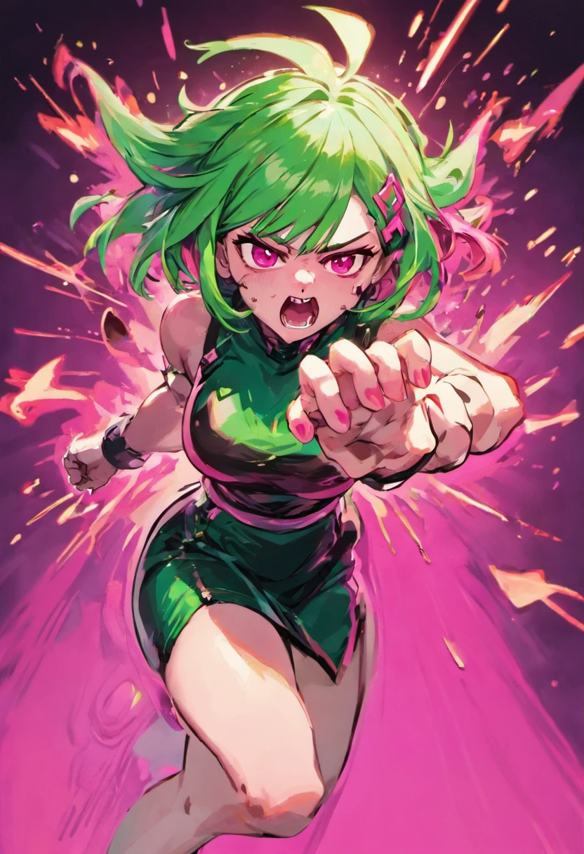 Girl with pink hair、Green Hair Girl,(Fighting stance,Face punch),Face to face,angry,
