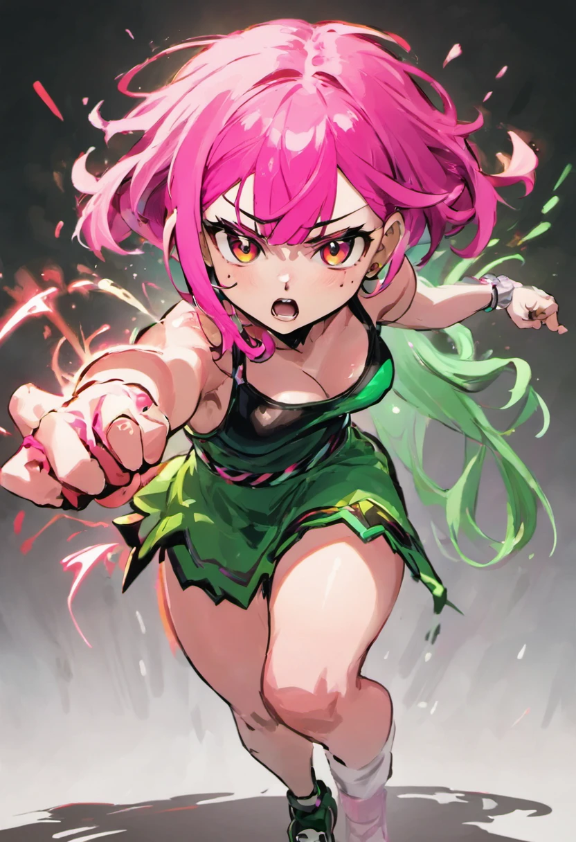 Girl with pink hair、Green Hair Girl,(Fighting stance,Face punch),Face to face,angry,