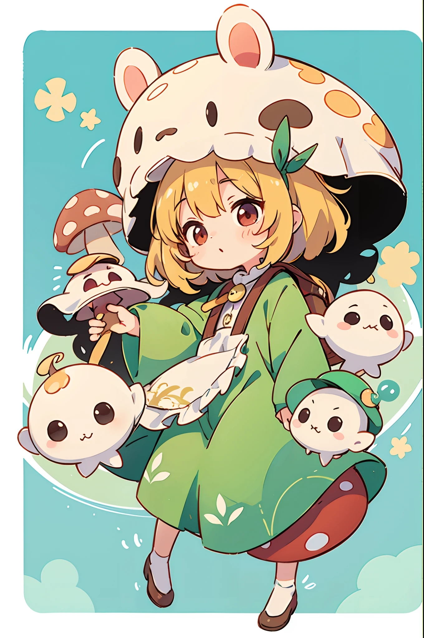 digitalart、Personification of the mushroom spirit、Yuru Chara Style、The hat is characteristic、Laugh、Wearing a bell