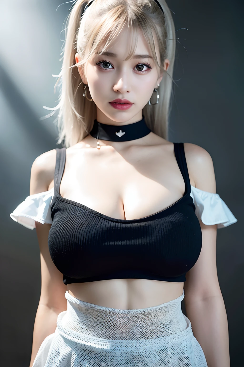 best quality, ultra high res, (photorealistic:1.4), 1girl, off-shoulder white shirt, black tight skirt, black choker, (faded ash gray hair:1), (huge breasts:1.2), looking at viewer, closeup ,