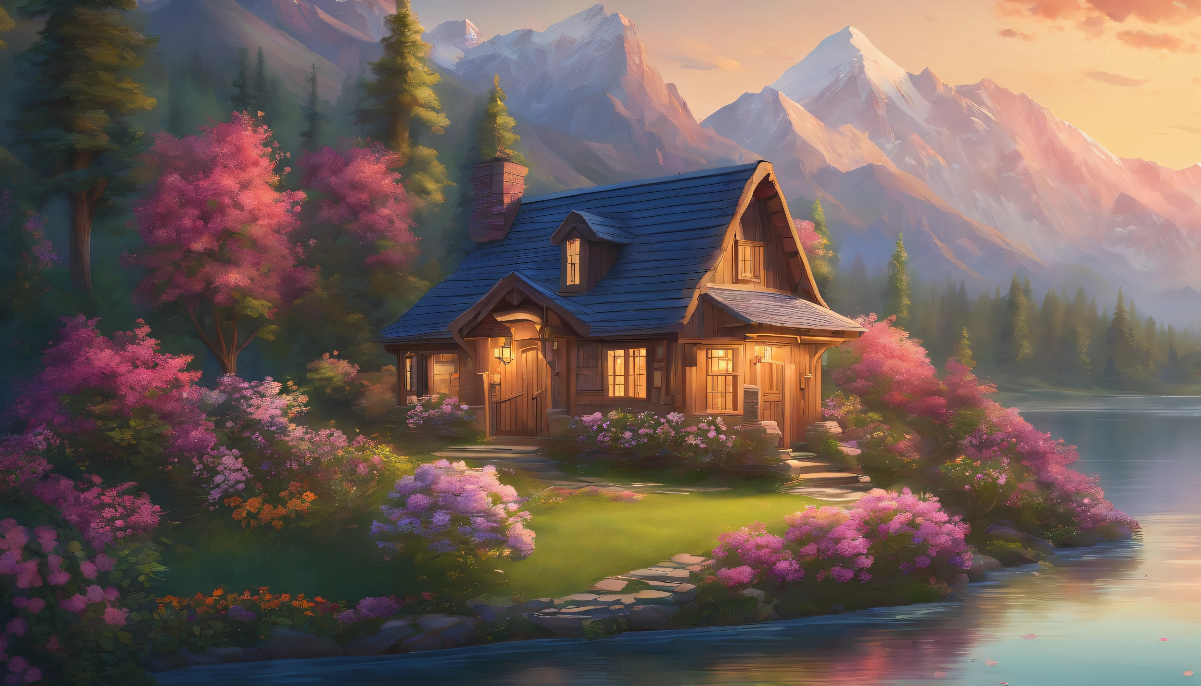 painting of a cottage, flowers beside of fence, fence along the road, mountain landscape with a lake and a boat, illustration matte painting, inspired by Thomas Kinkade, symmetric matte painting, detailed scenery , style raw, 8 k ultra detailed