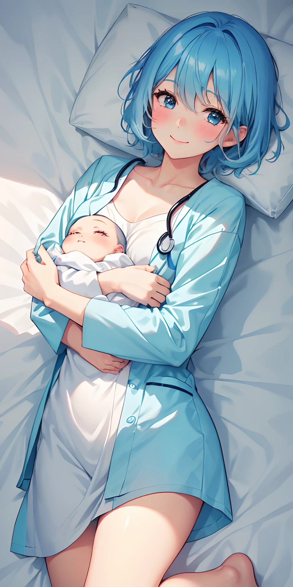1 girl, short hair, light blue hair, patient clothes, blush, smile, happy, lying on a bed, hospital room, glowing, wallpaper, sidelighting, carrying an : 3 days oair