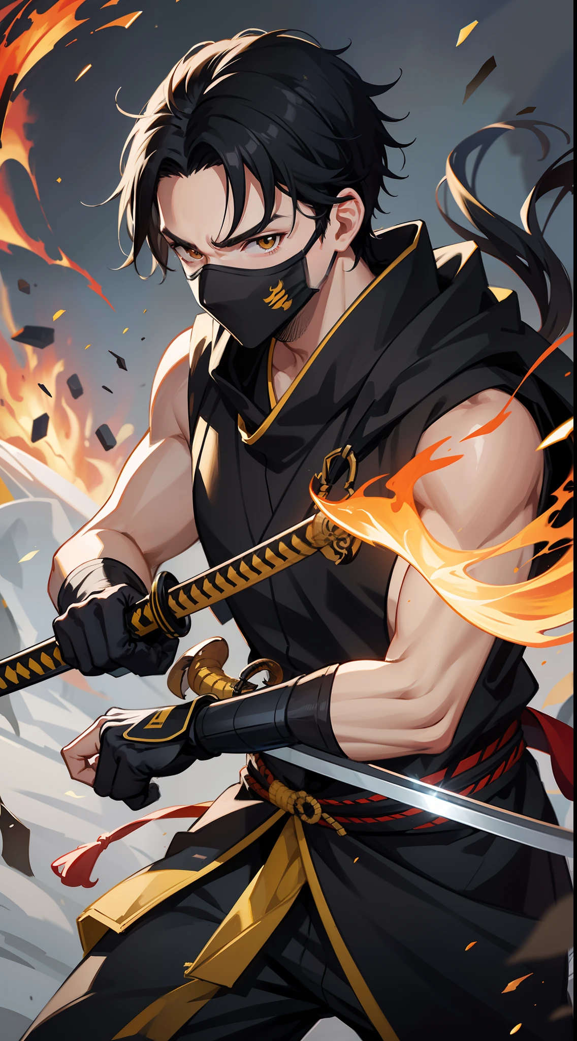 Grown-up guy, short black hair, high ponytail, Brown eyes, mask, Yellow shinobi kimono, Sleeveless, Scorpion, fire, katana, Masterpiece, hiquality, 4k, HD, Good detail