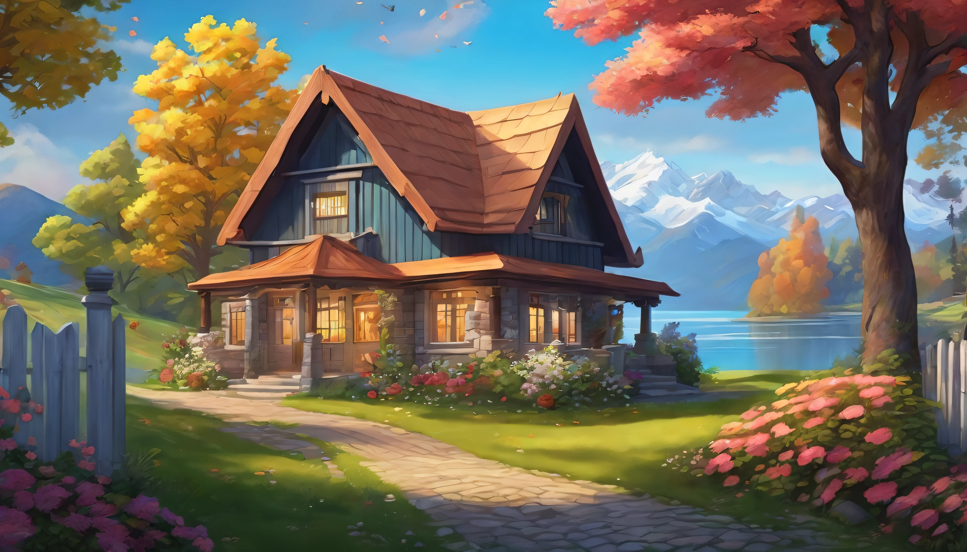painting of a cottage, flowers beside of fence, fence along the road, mountain landscape with a lake and a boat, illustration matte painting, inspired by Thomas Kinkade, symmetric matte painting, detailed scenery , style raw, 8 k ultra detailed