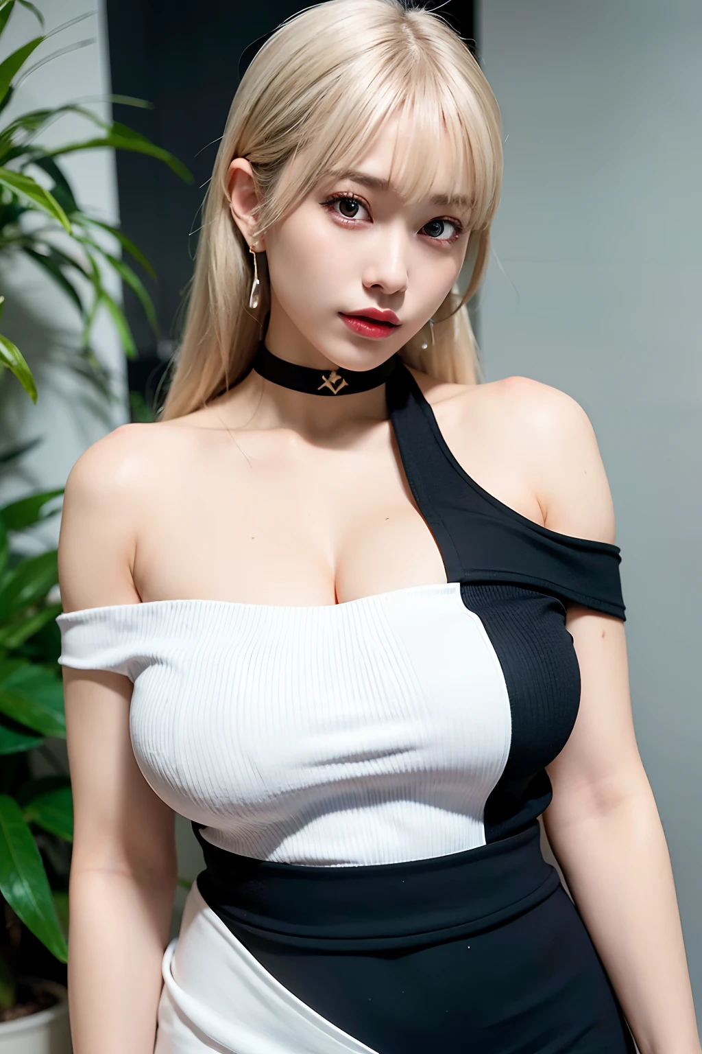 best quality, ultra high res, (photorealistic:1.4), 1girl, off-shoulder white shirt, black tight skirt, black choker, (faded ash gray hair:1), (huge breasts:1.2), looking at viewer, closeup ,