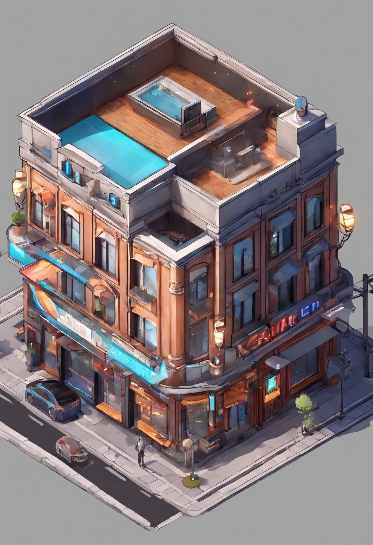 Isometric, overlooking 45 degrees, SLG game building, single building, ktv nightclub, gray background, concept art, Octane rendering