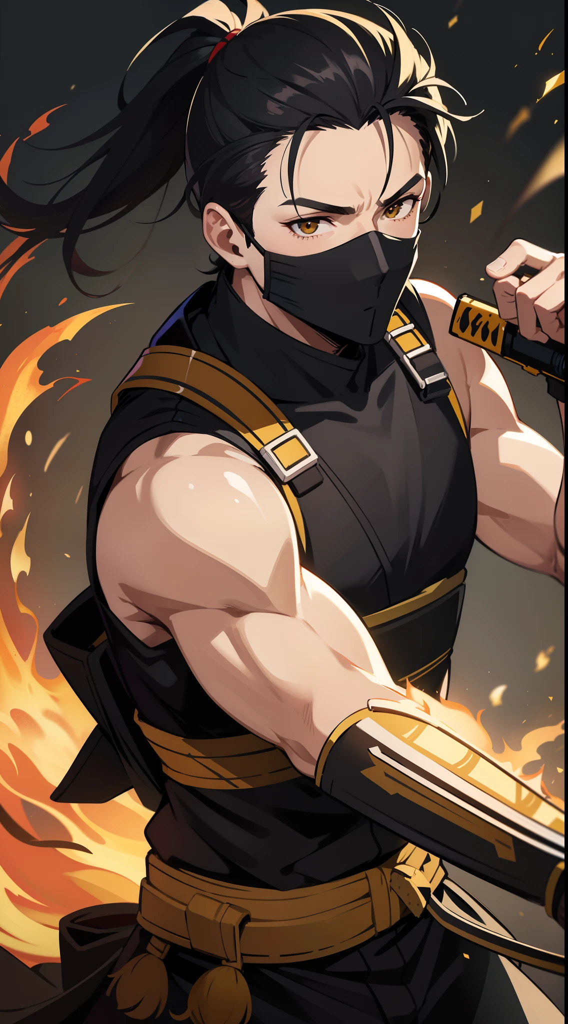 Grown-up guy, short black hair, high ponytail, Brown eyes, mask, Yellow shinobi kimono, Sleeveless, Scorpion, fire, katana, Masterpiece, hiquality, 4k, HD, Good detail