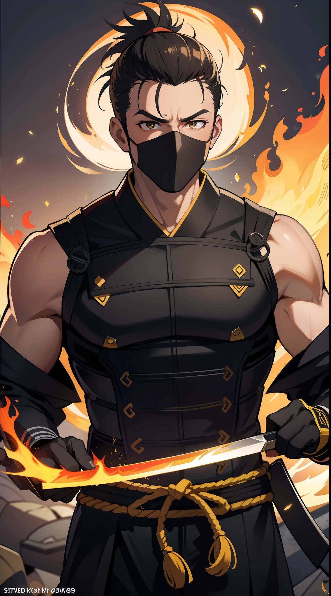 Grown-up guy, short black hair, high ponytail, Brown eyes, mask, Yellow shinobi kimono, Sleeveless, Scorpion, fire, katana, Masterpiece, hiquality, 4k, HD, Good detail