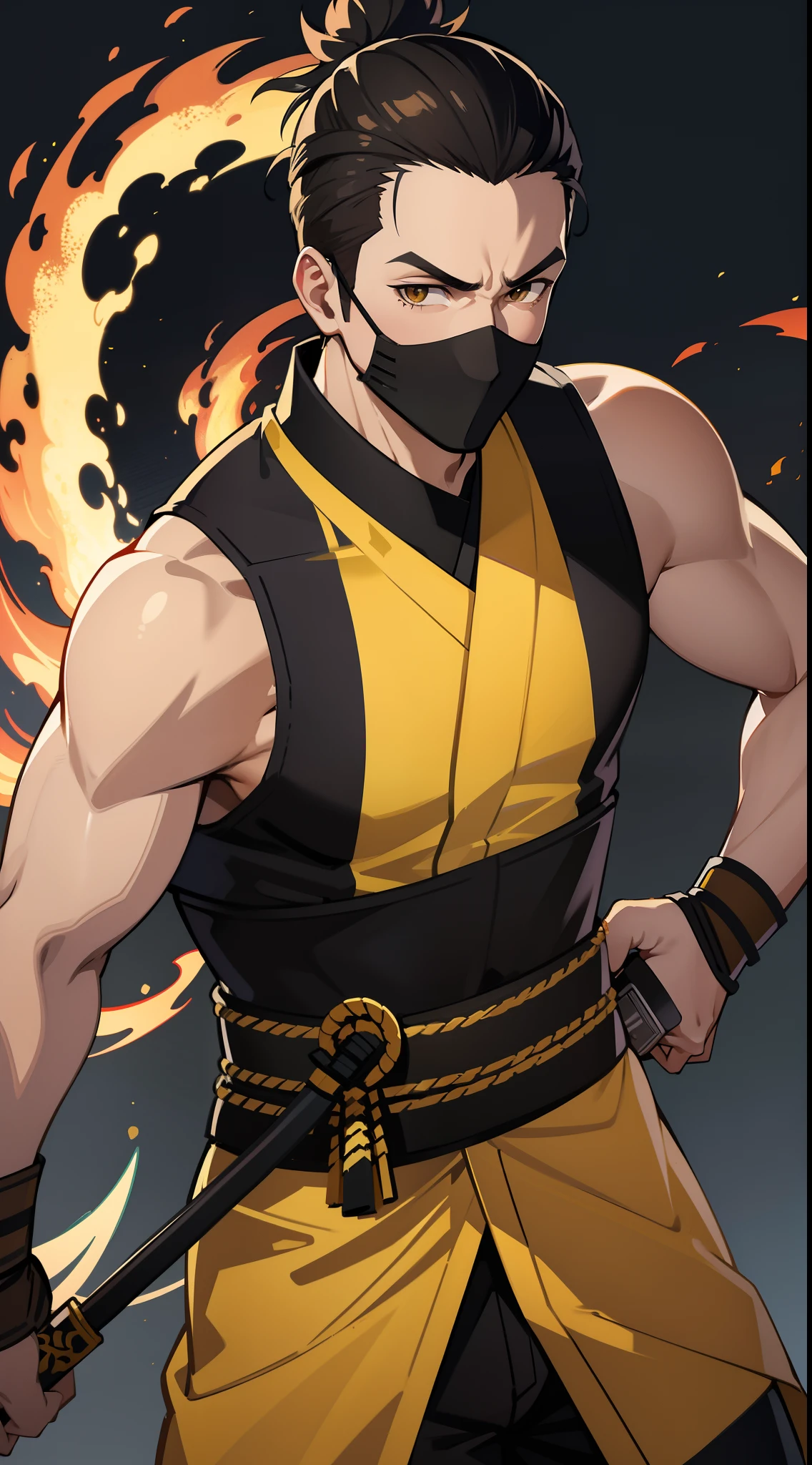 Grown-up guy, short black hair, high ponytail, Brown eyes, mask, Yellow shinobi kimono, Sleeveless, Scorpion, fire, katana, Masterpiece, hiquality, 4k, HD, Good detail