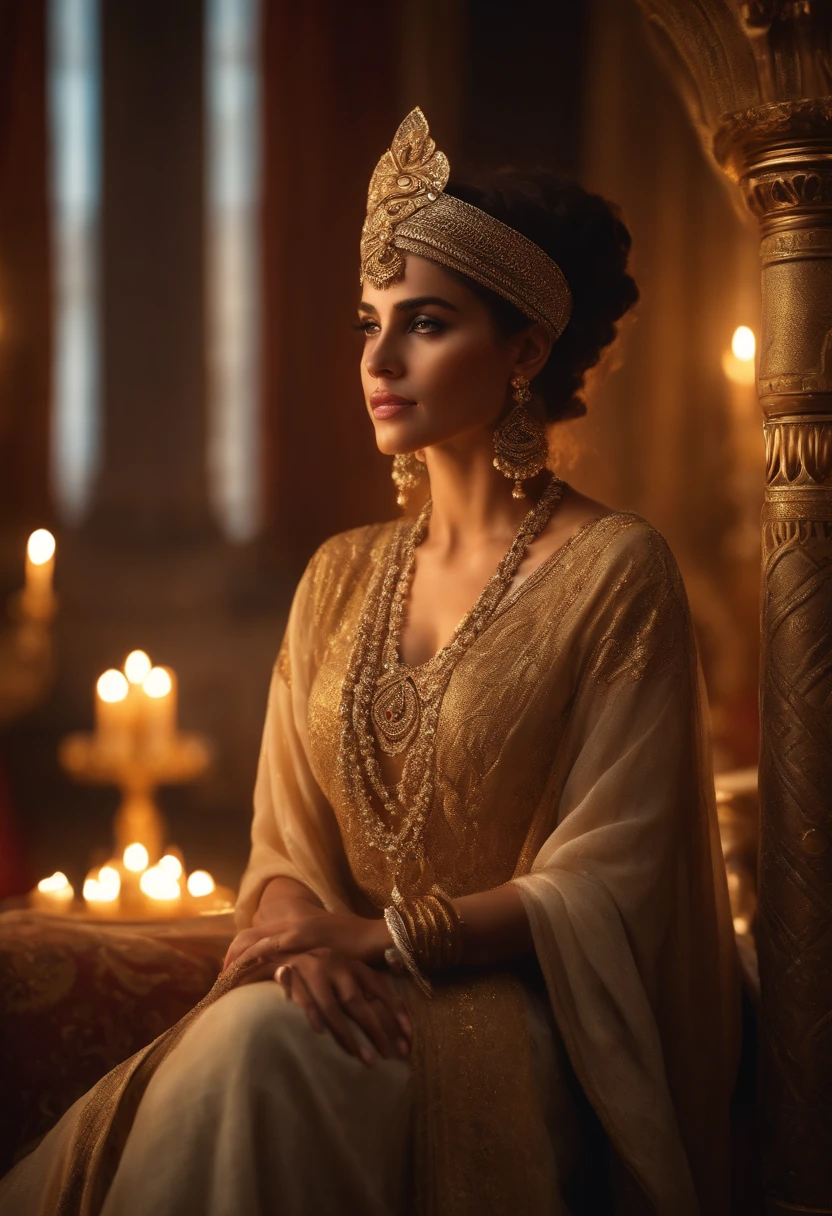 Esther, beautiful Arab woman, elaborate dress, intricate gold jewelry, stunning headdress, graceful posture, confident expression, palace setting, opulent decorations, Persian king's throne, King Ahasuerus, shimmering silk curtains, candlelit ambiance, soft golden light, dramatic shadows, rich color palette, delicate brushwork, realistic depiction, high-resolution details, photorealistic rendering, vivid colors, oil painting style