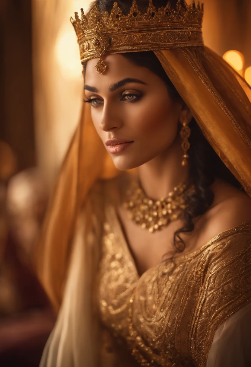 Esther, beautiful Arab woman, elaborate dress, intricate gold jewelry, stunning headdress, graceful posture, confident expression, palace  setting, opulent decorations, Persian king's throne, King Ahasuerus, shimmering silk curtains, candlelit ambiance, soft golden light, dramatic shadows, rich color palette, delicate brushwork, realistic depiction, high-resolution details, photorealistic rendering, vivid colors, oil painting style