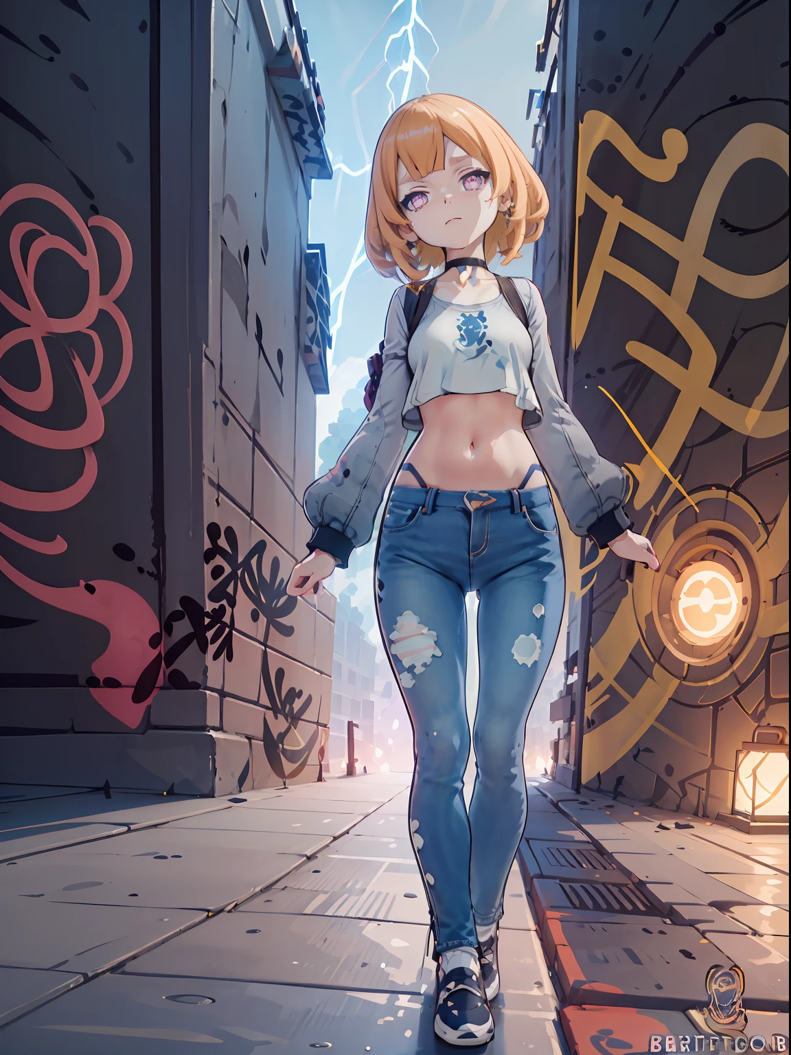 Melousine | genshin impact, master-piece, bestquality, 1girls,25 years old, proportional body, elongated legs, proportional., crop top, Long Jeans, mediuml breasts, ,bara, crop top, choker, (Graffiti:1.5), Splash with purple lightning pattern., arm behind back, against wall, View viewers from the front., Thigh strap, Head tilt, bored, 10, 10, HD,