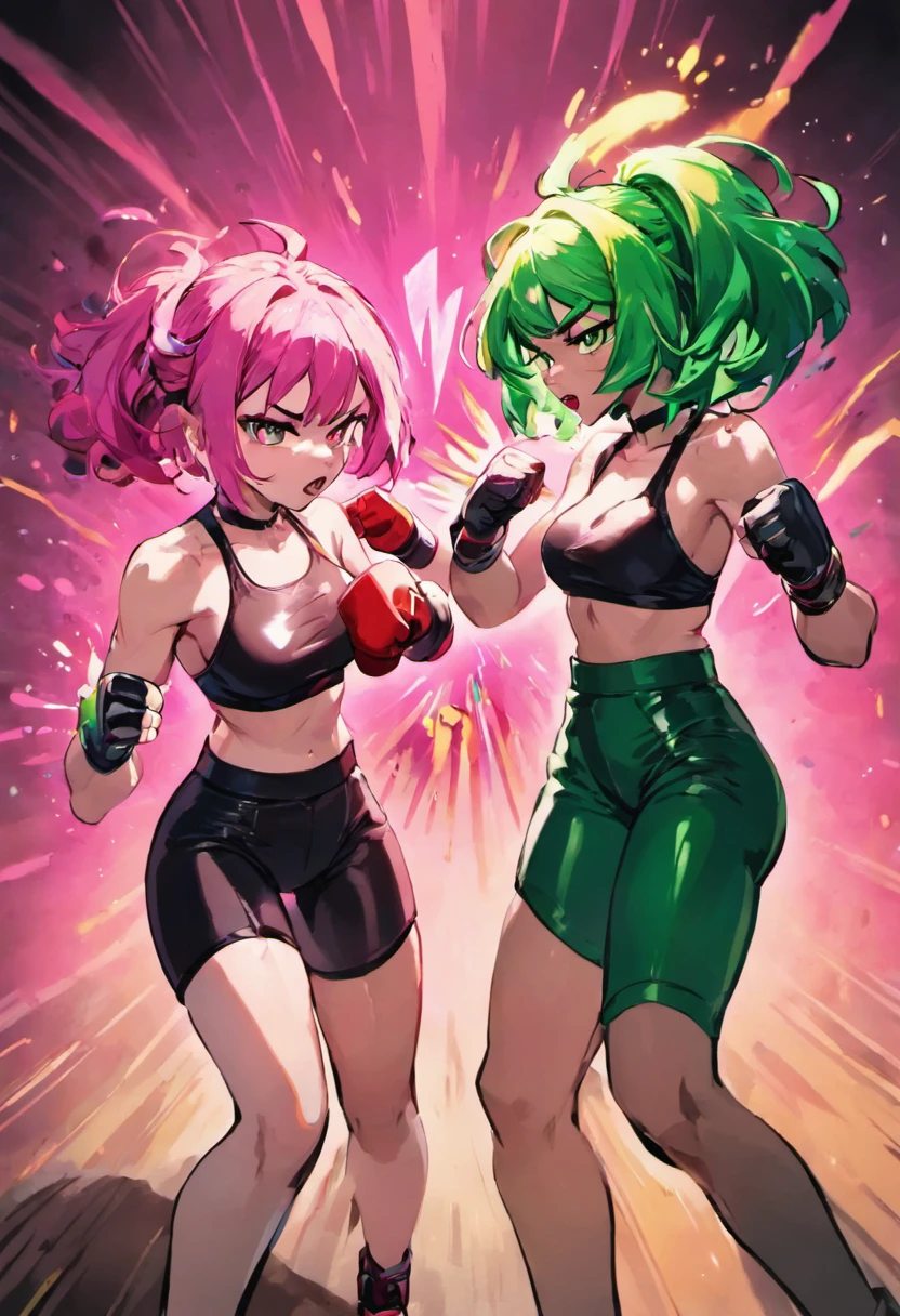 Girl with pink hair and girl with green hair,(Fighting stance,Face punch),Face to face,angry,facing each other，