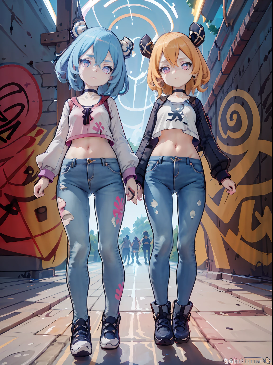 Melousine | genshin impact, master-piece, bestquality, 1girls,25 years old, proportional body, elongated legs, proportional., crop top, Long Jeans, mediuml breasts, ,bara, crop top, choker, (Graffiti:1.5), Splash with purple lightning pattern., arm behind back, against wall, View viewers from the front., Thigh strap, Head tilt, bored, 10, 10, HD,