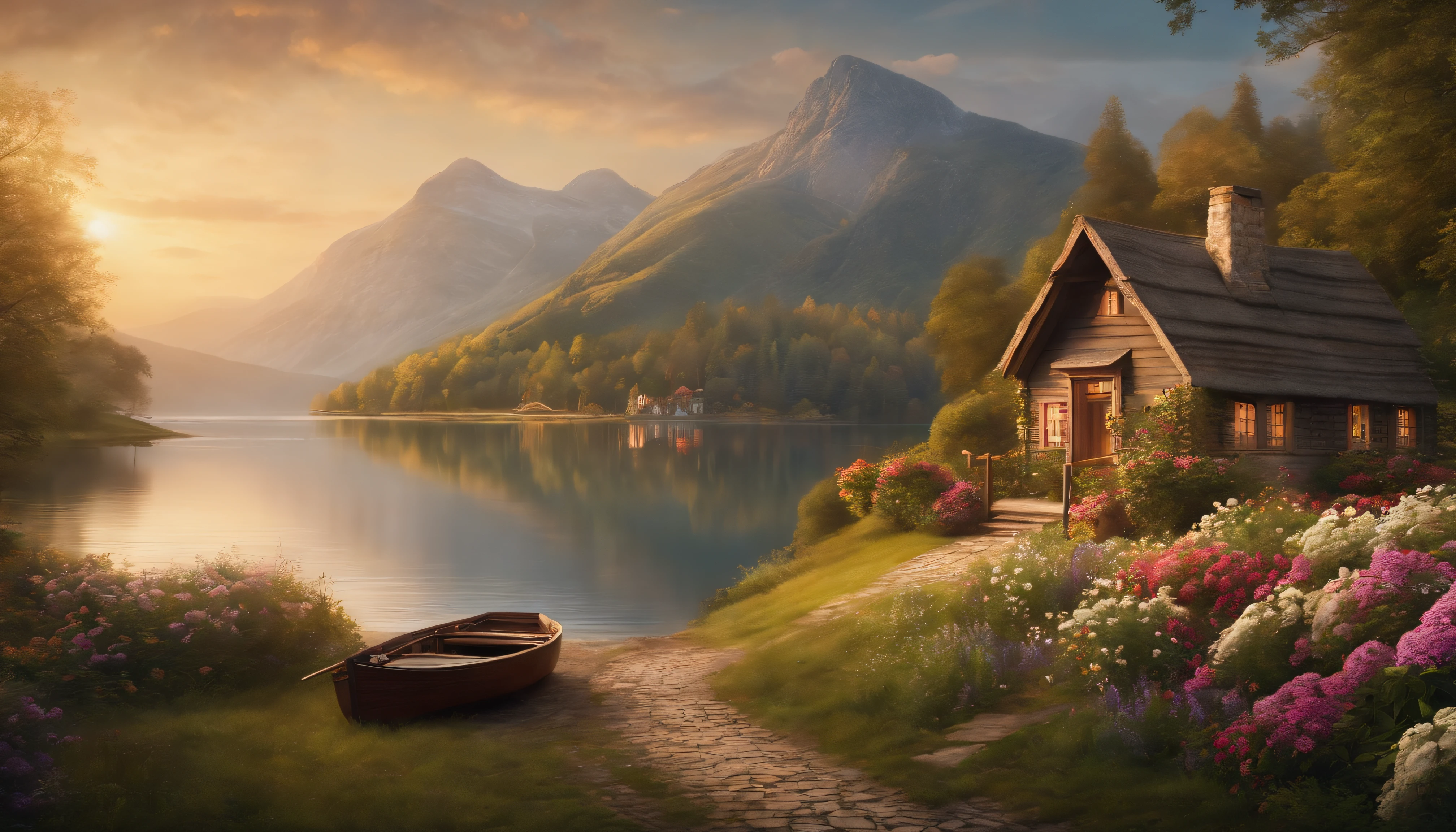 painting of a cottage, flowers beside of fence, fence along the road, mountain landscape with a lake and a boat, illustration matte painting, inspired by Thomas Kinkade, symmetric matte painting, detailed scenery , style raw, 8 k ultra detailed