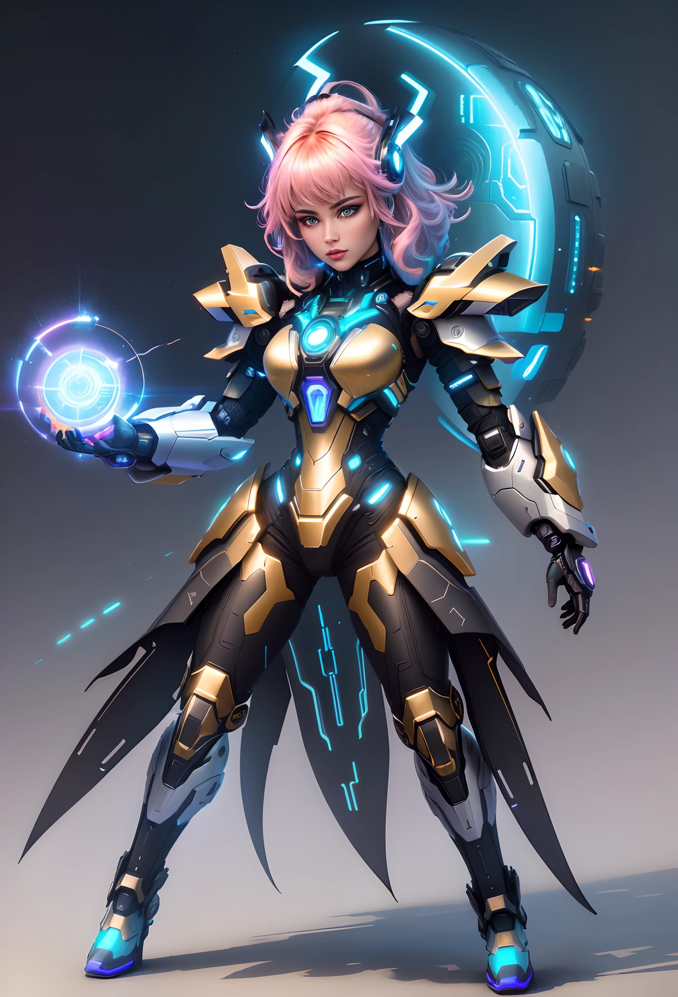(detailed eyes, detailed lips, technologically advanced armor), surrounded by futuristic technology and vibrant colors, emanating power and confidence. The artwork is a hyper-realistic digital illustration, with a focus on intricate details and textures. The lighting is dramatic and highlights the contours of the armor, creating a sense of depth and dimension. The overall color palette is a combination of metallic tones, neon lights, and vibrant hues, lending a futuristic and cyberpunk aesthetic to the image. The background features a futuristic cityscape, with towering skyscrapers and flying vehicles, adding to the atmosphere of advanced technology. The energy ball in the person's hand is glowing with intense energy, casting a soft, ethereal glow on their face and illuminating the surrounding area. The overall image quality is of the highest standard, with sharp details, realistic shadows, and expertly rendered materials.
