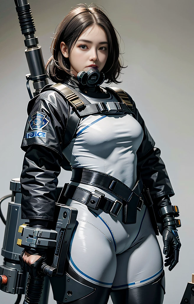 Highest image quality, outstanding details, ultra-high resolution, (realism: 1.4), ((close up:0.75)), highly condensed 1 lady, beautiful perfect proportion, (chubby:0.3, small breasts), (cloths color base ratio black:0.2 white:0.5 other-color:0.3), (wearing rash-guard likes police uniform, black and gray mecha, wearing high-tech heavy full-gasmask with futuristic goggles, military harness, holding a handgun, carrying futuristic-flamethrower -tank on back, revealed only face and hands), captain, background simple grey wall,