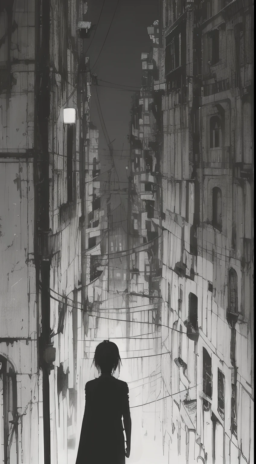 A ray of hope in a dystopia、A  girl wanders into a dark skyscraper、One littlck in the back center of the screen、Very complex cityscape、A devastated world、Pulling composition、industrial、High-definition depiction、A city lined with electric wires、Magic Hour、Make a story with 4 sheets