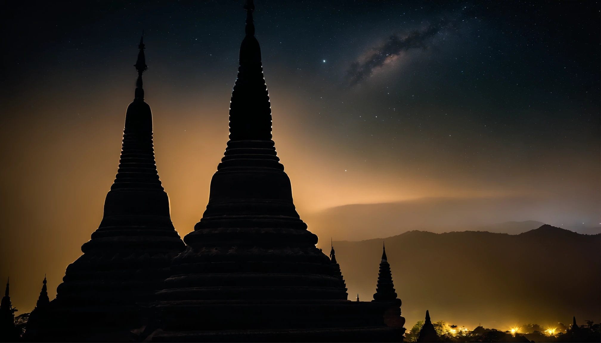 A night scene of Pagan Pagodas of Myanmar,, stary night, milky way in the sky, best composition, hyper detailed, masterpiece art work, long view, silhouette of pagodas , at night.soft light. No destrotion.