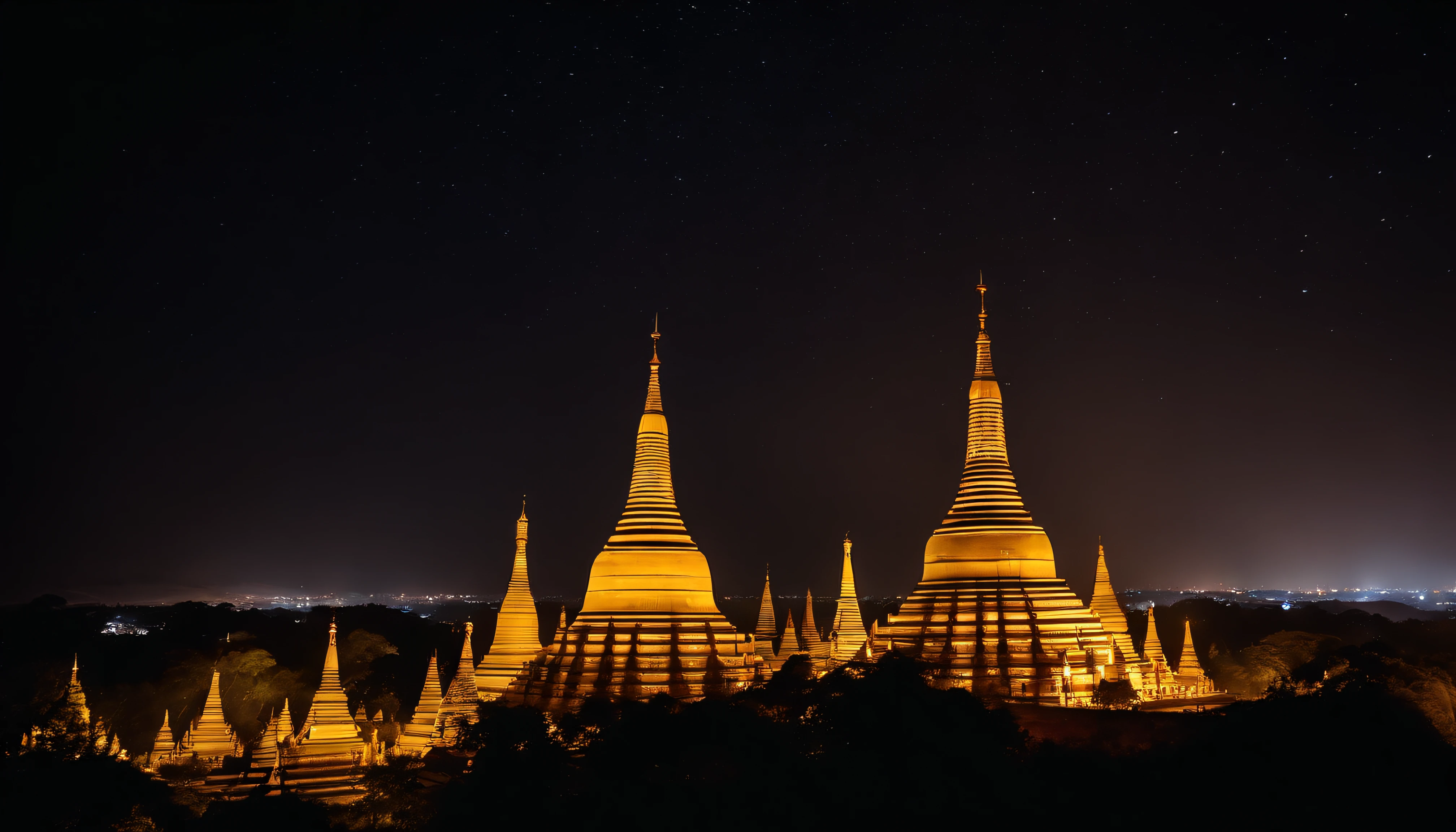 A night scene of Pagan Pagodas of Myanmar,, stary night, milky way in the sky, best composition, hyper detailed, masterpiece art work, long view, silhouette of pagodas , at night.soft light.