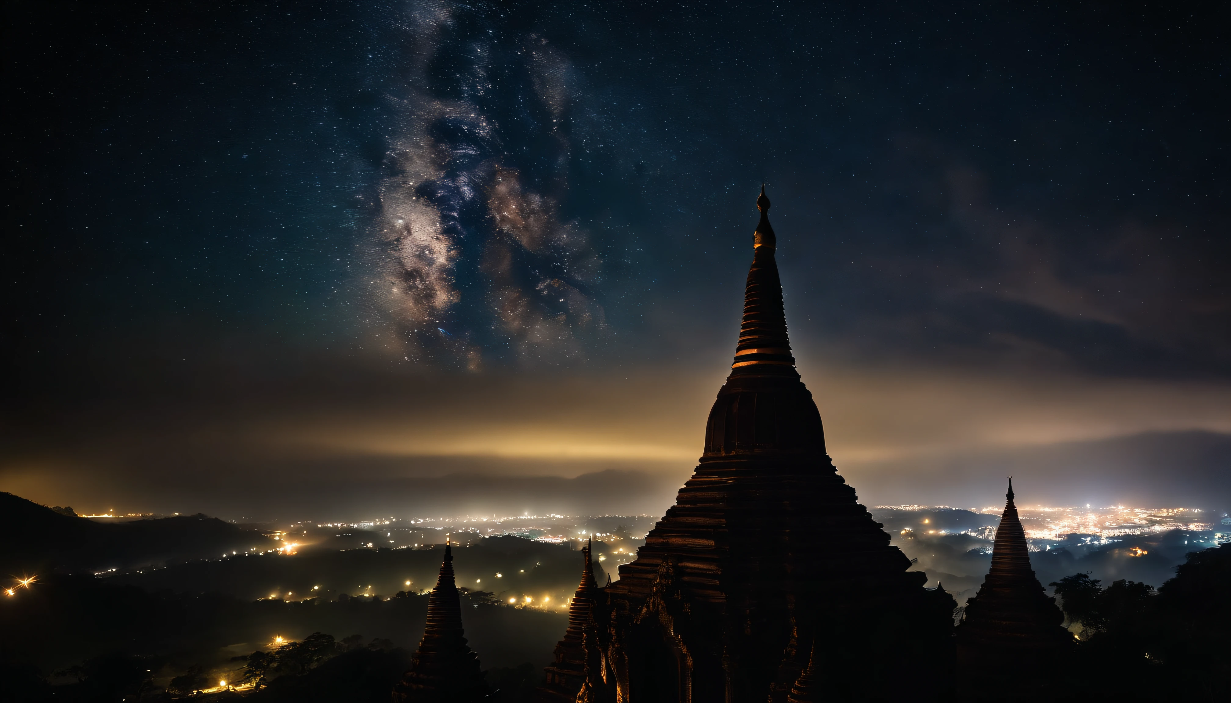 A night scene of Pagan Pagodas of Myanmar,, stary night, milky way in the sky, best composition, hyper detailed, masterpiece art work, long view, silhouette of pagodas , at night.soft light.