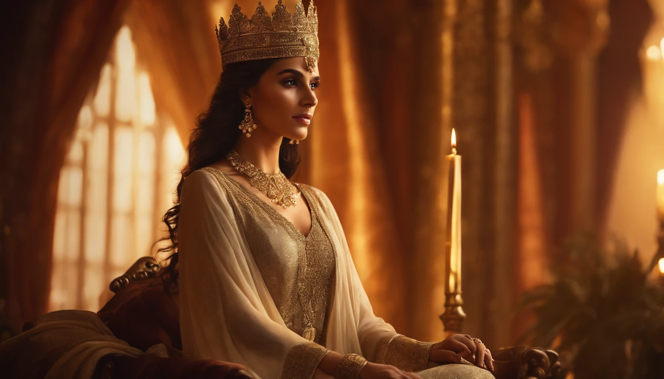 Esther, beautiful Arab woman, elaborate dress, intricate gold jewelry, stunning headdress, graceful posture, confident expression, palace setting, opulent decorations, Persian king's throne, King Ahasuerus on throne, shimmering silk curtains, candlelit ambiance, soft golden light, dramatic shadows, rich color palette, delicate brushwork, realistic depiction, high-resolution details, photorealistic rendering, vivid colors, oil painting style