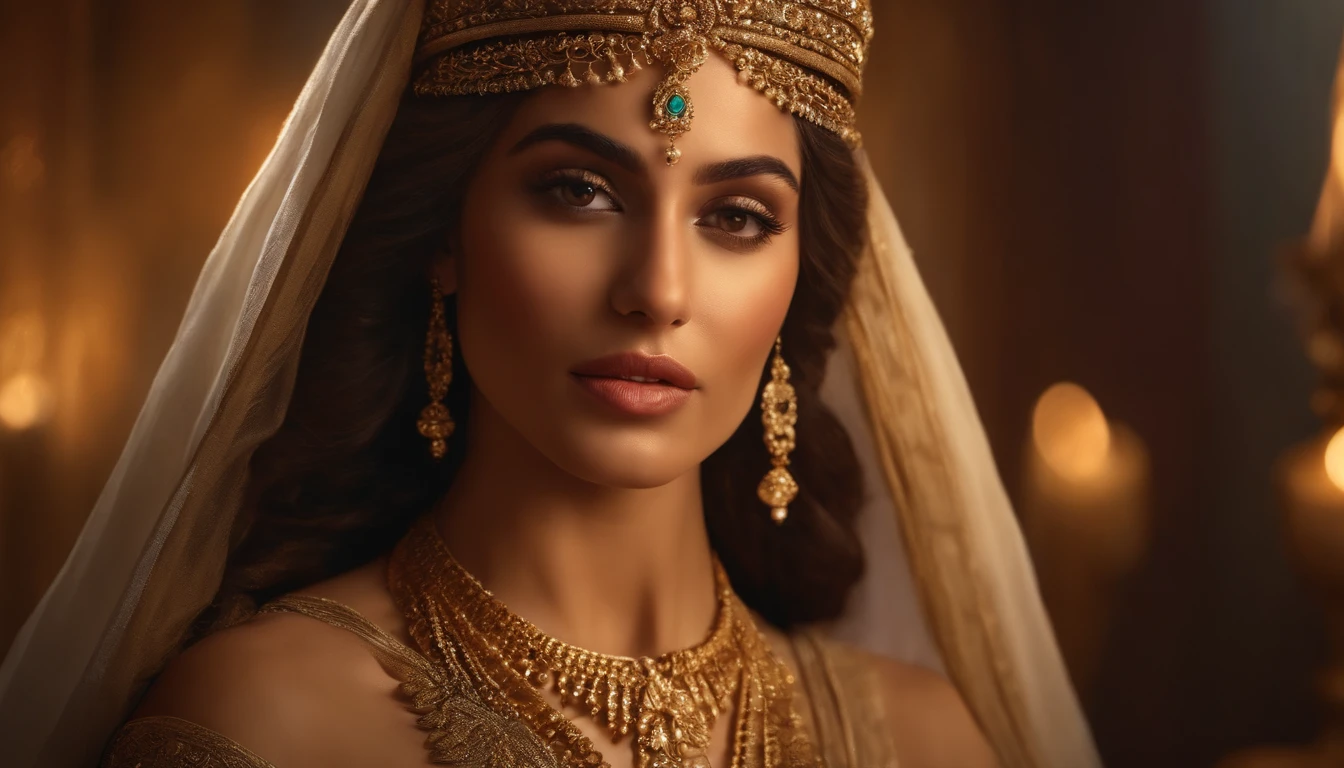 Esther, beautiful Arab woman, elaborate dress, intricate gold jewelry, stunning headdress, graceful posture, confident expression, palace setting, opulent decorations, Persian king's throne, King Ahasuerus on throne, shimmering silk curtains, candlelit ambiance, soft golden light, dramatic shadows, rich color palette, delicate brushwork, realistic depiction, high-resolution details, photorealistic rendering, vivid colors, oil painting style
