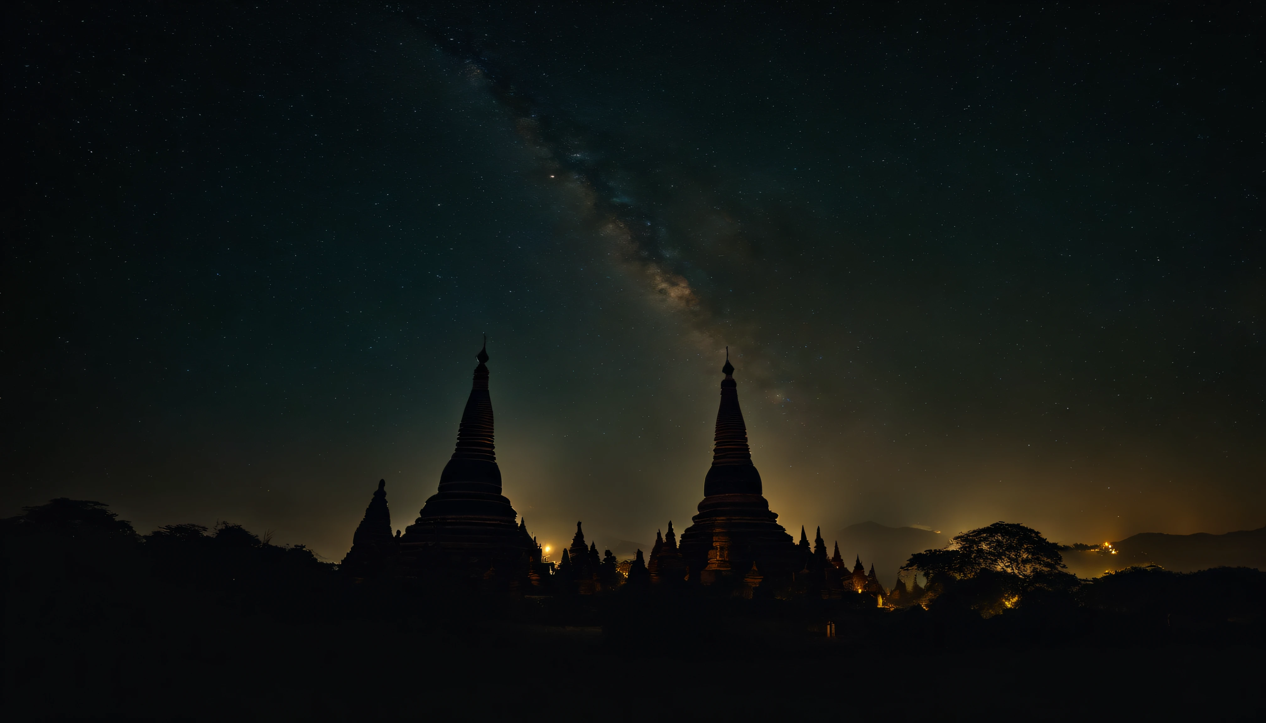 A night scene of Pagan Pagodas of Myanmar,, stary night, milky way in the sky, best composition, hyper detailed, masterpiece art work, long view, silhouette of pagodas , at night.soft light.