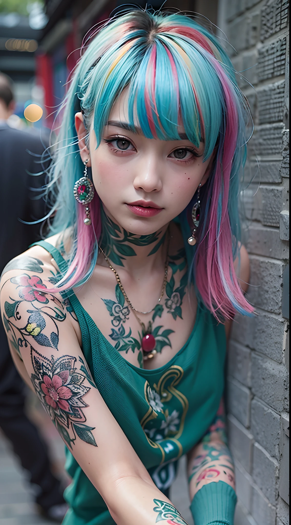 inner colored hair、The tattoo、piercings、Street fashion