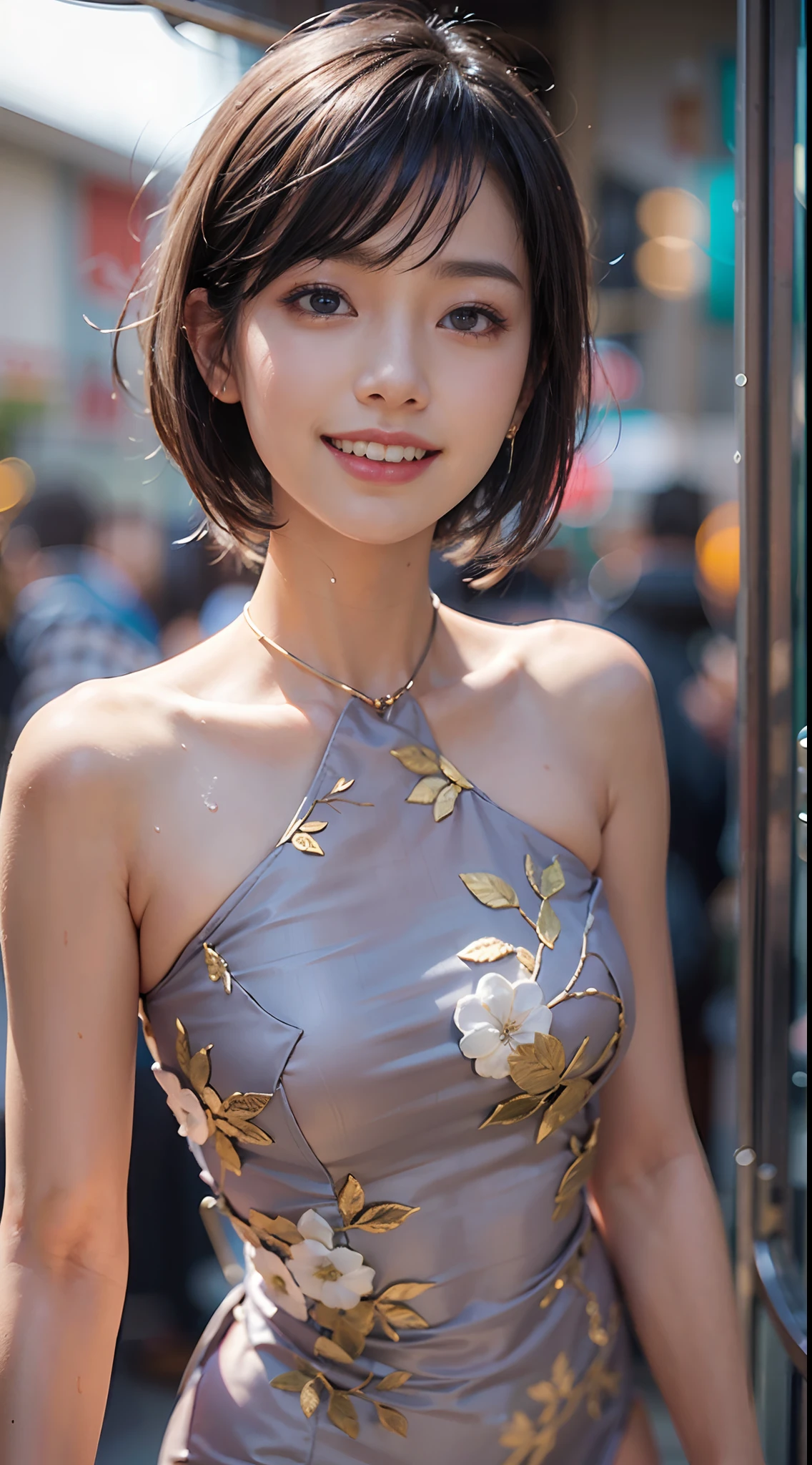 (NSFW), 1womanl, Solo, 24 year old, 7headed body, (cute  face), (Ideal ratio body proportions), ((Composition from head to thigh)), Chinatown, qipao dress, Sleeveless, erectile nipple, Sexy body, Wet, Smiling smile, short-hair, Dark hair, small tits, A slender, Small buttocks, beauty legs, Skinny Legs, surrealism, Cinematic lighting, depth of fields, One-person viewpoint, F/1.8, 135 mm, nffsw, masutepiece, ccurate, ((Anatomically correct)), Textured skin, Super Detail, high details, High quality, awardwinning, Best Quality, hight resolution, 8K