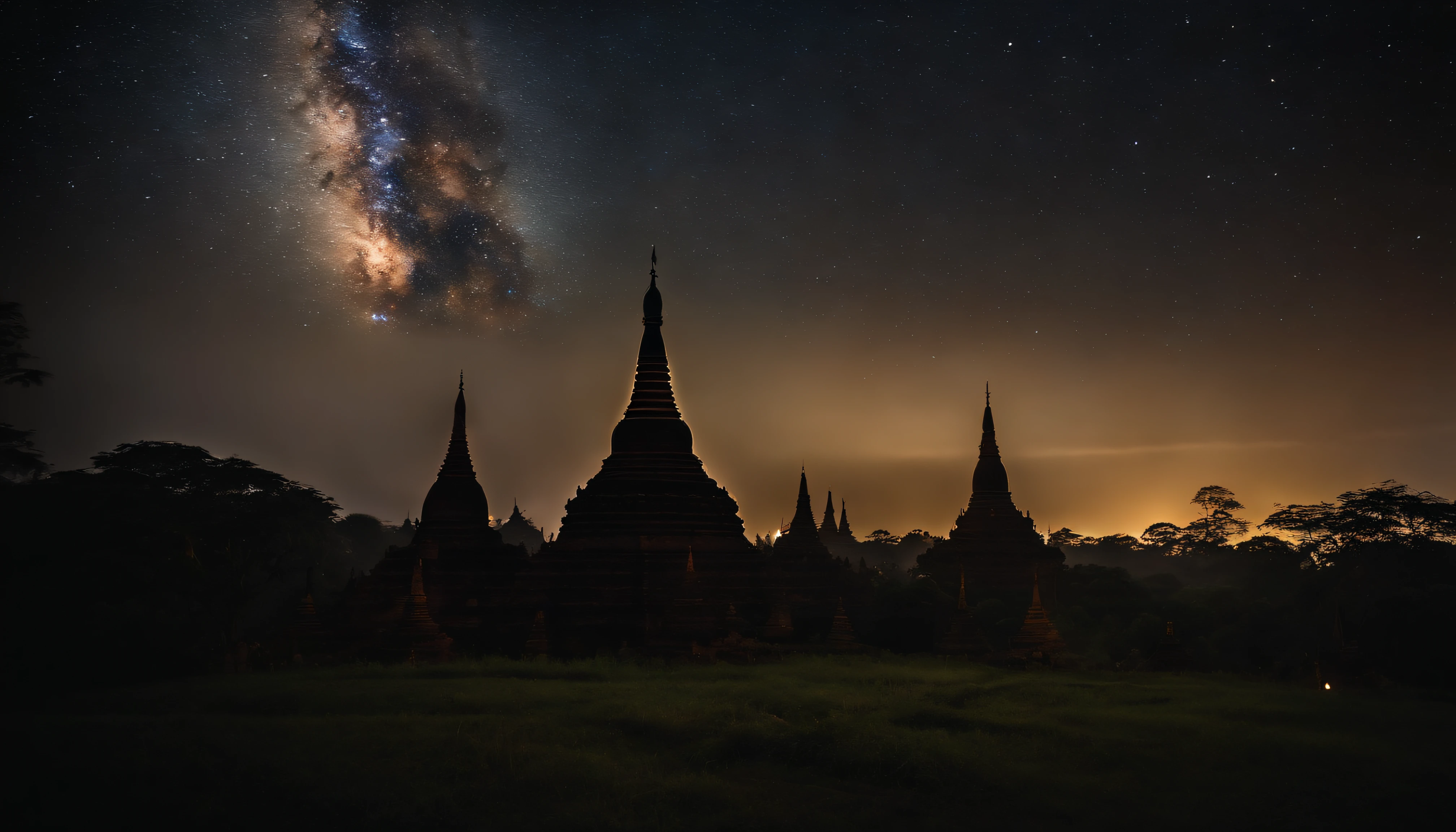 A night scene of Pagan Pagodas of Myanmar,, stary night, milky way in the sky, best composition, hyper detailed, masterpiece art work, long view, silhouette of pagodas , at night.soft light.