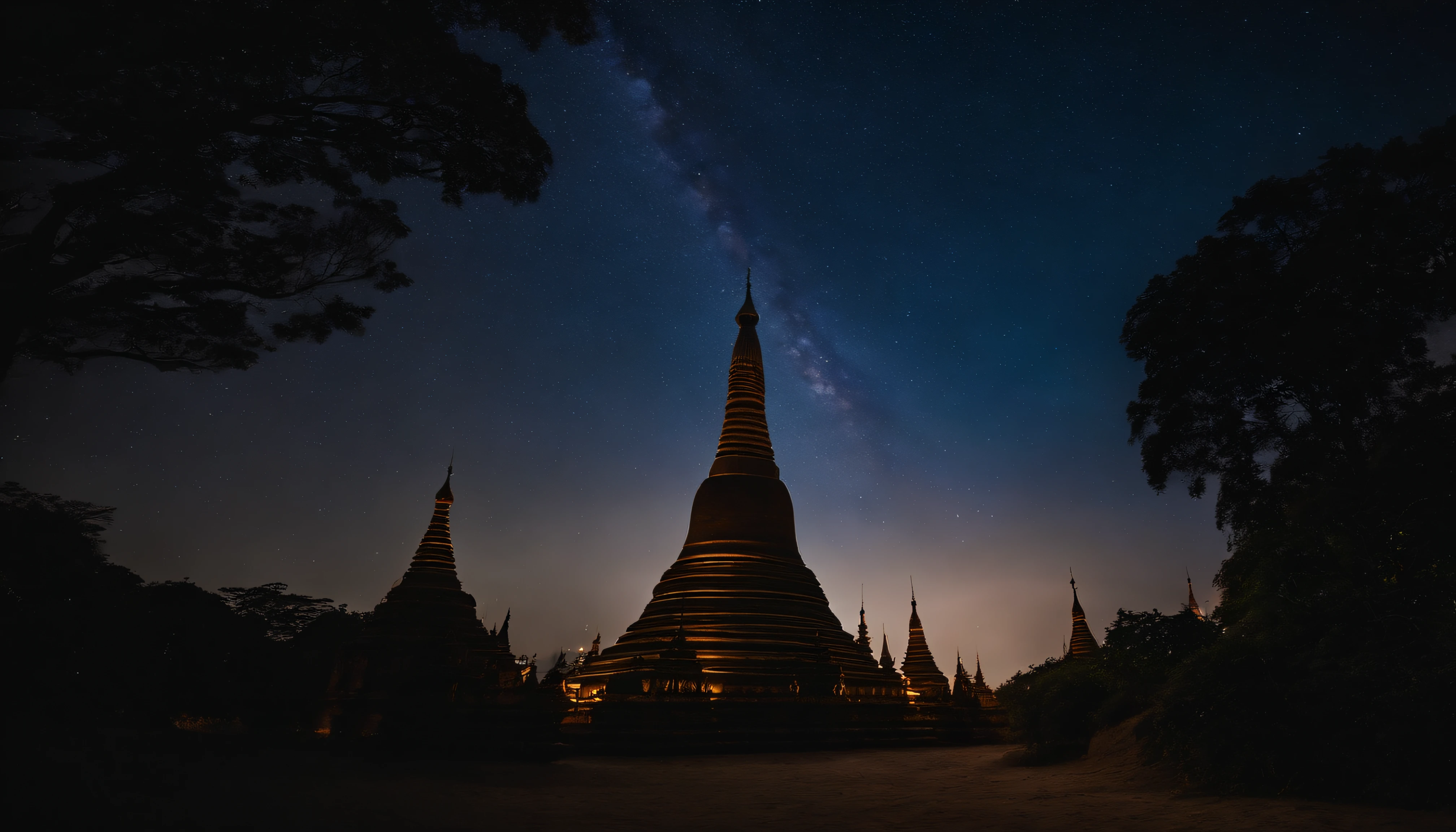A night scene of Pagan Pagodas of Myanmar,, stary night, milky way in the sky, best composition, hyper detailed, masterpiece art work, long view, silhouette of pagodas , at night.soft light.