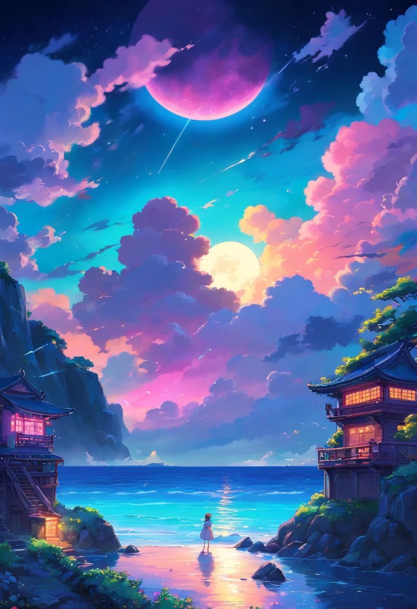 Neon Light Art, In the dark of night, Sea, Clouds, Moon, Stars, Colorful, Detailed, 4K
