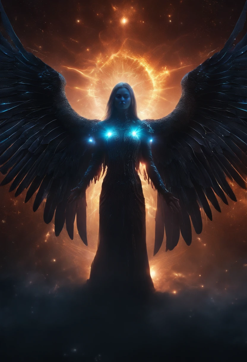 Cosmic Fallen Angel, glowing light eyes, Biomechanical, eerie, Creepy, nightmarish, Very bright colors, Light particles, with light glowing, Mshiff, wallpaper art, UHD wallpaper