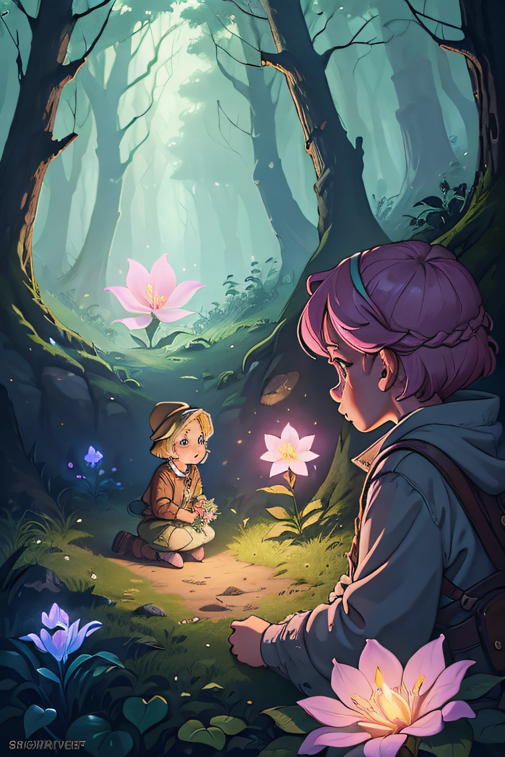 The Discovery where Lily and Rose stumble upon the glowing Magic flower in the forest.